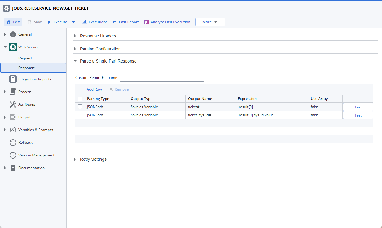 Screenshot of the REST job showing the Response with the mentioned configurations.