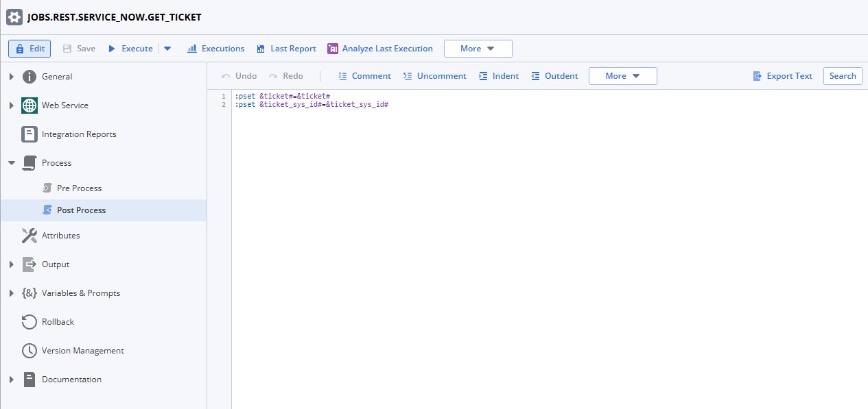 Screenshot of the Post Process page of the REST Jon showing the script.