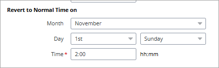 Screenshot of the parameters that revert the settings. The following options are defined: Month = November, Day 1st, Time = 2:00 AM.