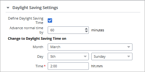 Screenshot of the parameters in the Daylight Saving Setting section in a Time Zone object. The follwoing options are set: Define Daylisght Saving Time = Yes, Advance normal time by 60 minutes, CHange to Daylight Saving Time on March, 5th Time = 2:00 AM.