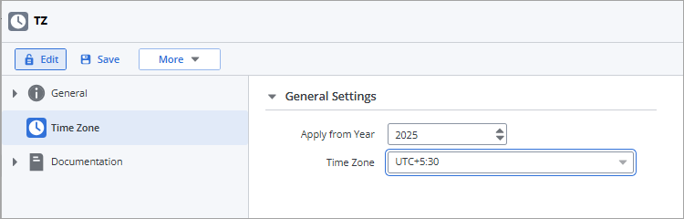 Screenshot of the Time Zone object where the following options are defined: Apply from Year = 2000, Time Zone = UTC+5:30.