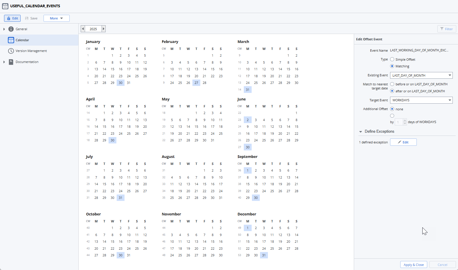 Screenshot of the Calendar view displaying the Last working day of month exclusing Friays  Calendar Event configuration as described in the previous instructions.