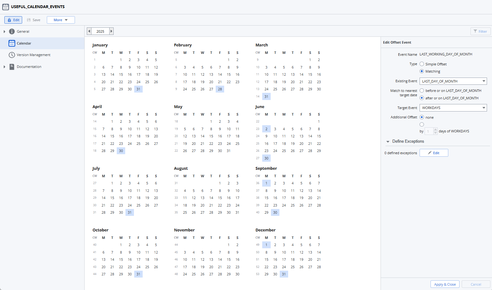 Screenshot of the Calendar view displaying the Last working day of month Calendar Event configuration as described in the previous instructions.