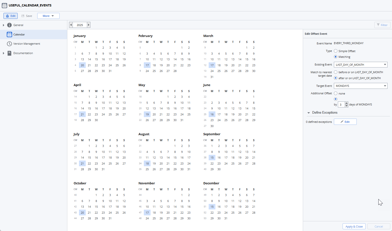 Screenshot of the Calendar view displaying the Every third Monday Calendar Event configuration as described in the previous instructions.