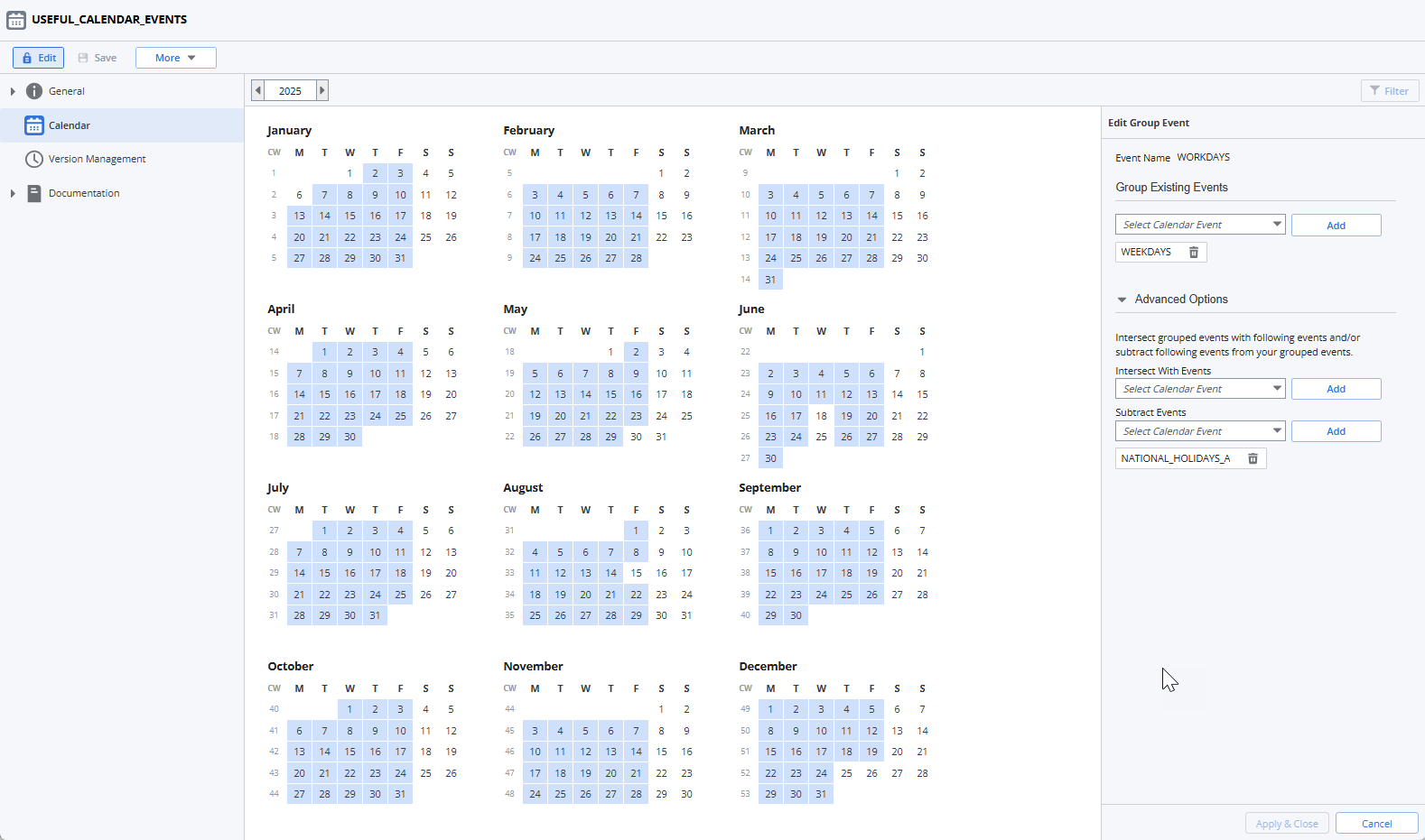 Screenshot of the Calendar view displaying the WORKDAYS Calendar Event configuration as described in the previous instructions.