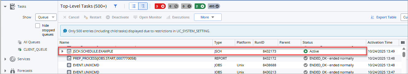 Screenshot showing the task in the Process Monitoring perspective, where the JSCH.SCHEDULE.EXAMPLE task is highlighted and it shows the status Active.