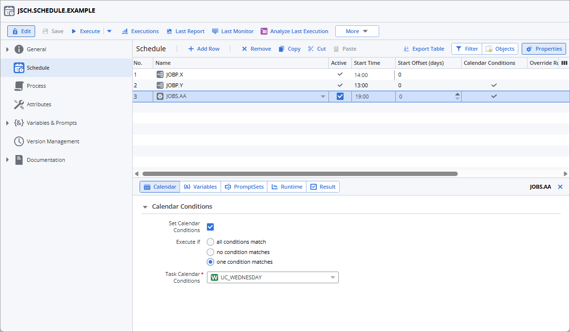 Screenshot of the Schedule page showing the populated Calendar tab, where the USEFUL.CALENDAR Calendar and the wEDNESDAY Calendar Event are selected.