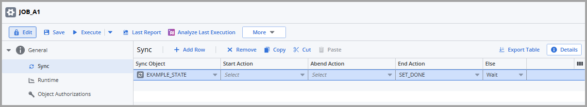 Screensbot of the Sync definition page of JOB_A1 where the EXAMPLE_STATE Sync object is assigned. The followng options are defined: End Action = SET_DONE, Else = Wait.