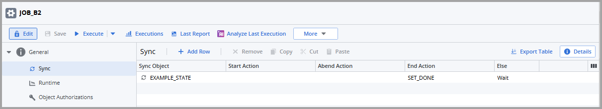 Screensbot of the Sync definition page of JOB_B1 where the EXAMPLE_STATE Sync object is assigned. The followng options are defined: End Action = SET_DONE, Else = Wait.