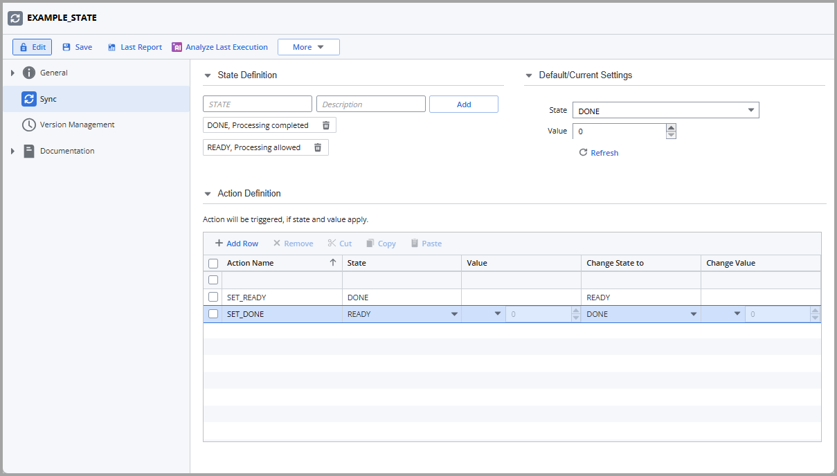 Screesnhot of the SYNC object showing the Action Definition section on the Sync page.