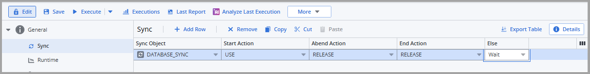 Screesnhot showing the Sync definition page of the Job where DATABASE_SYNC ia assigned. The following options are selected: Start Action = USE, Abend Action = RELEASE, End Action = RELEASE, Else = Wait.