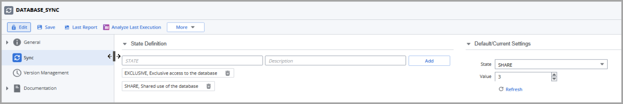 Screesnhot of the SYNC object where the following options have been defined: Two states, namely EXCLUSIVE, Exclusive access to the database and SHARE, Shared use of the database. The following Default/Current Settings have also been defined: State = SHARE and Value = 3.
