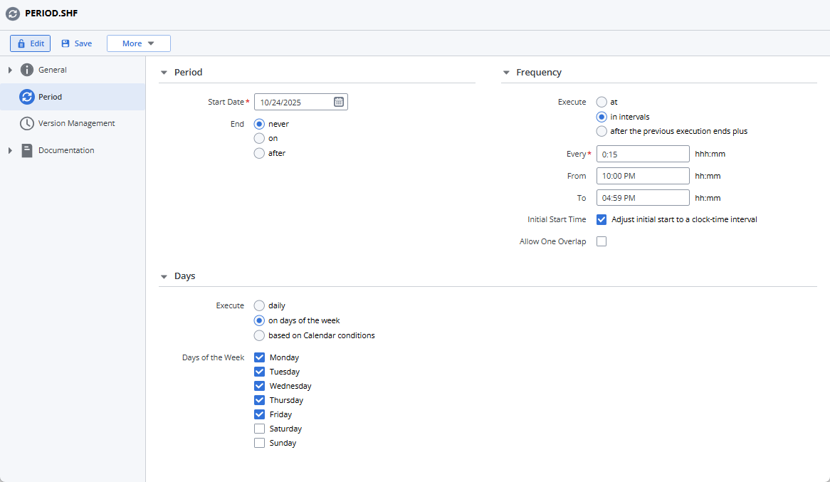 Screenshot of the period object configured with the values described above.