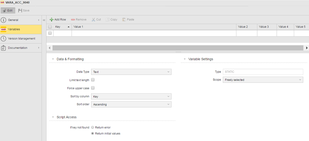Screenshot showing the static VARA object. The following options are selected: Data Type = Text, Sort by Column = Key, Sort Order = Ascending, Script Access = Return initial values, Variable Settings Scope = Freels selected.