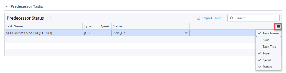 Screenshot of the Predecessor Task section where the arrow is selected and the list of all available statuses is visible.