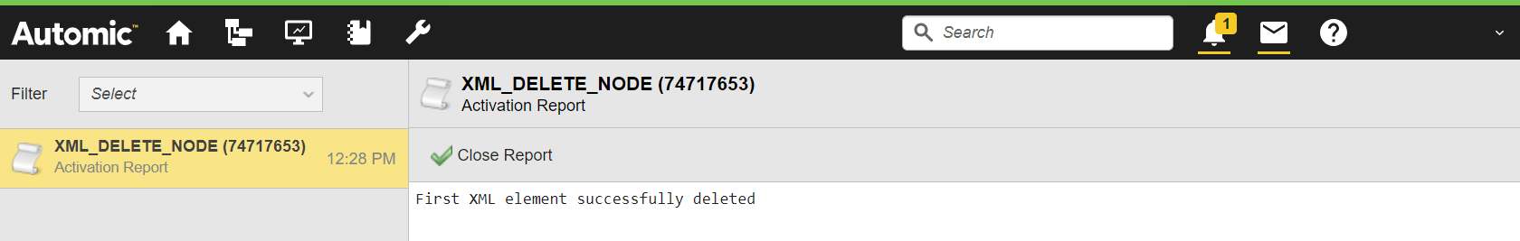 Screenshot of the XML_DELETE_NODE Script object showing the  successful deletion of the first XML element.
