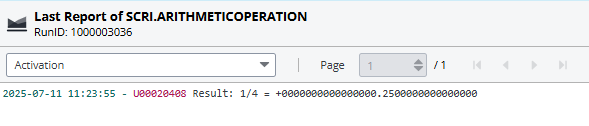 Screenshot showing the Activation report displaying the following information: 2025-07-11 11:23:55 - U00020408 Result: 1/4 = +0000000000000000.2500000000000000.