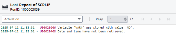 Screenshot of the Activation report displaying the text defined for the NO option: 2025-07-11 11:33:31 - U00020206 Variable 'VAR#' was stored with value 'NO'. 2025-07-11 11:33:31 - U00020408 Date and time have not been retrieved.