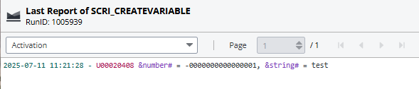 Screenshot of the Activation report displaying the following information:  2021-04-06 14:48:17 - U0020408 &number# = -0000000000000001, &string# = test