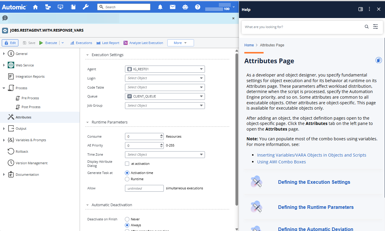 Screenshot of the Attributes page of an object where the panel is also opened and shows the inline documentation about the page.