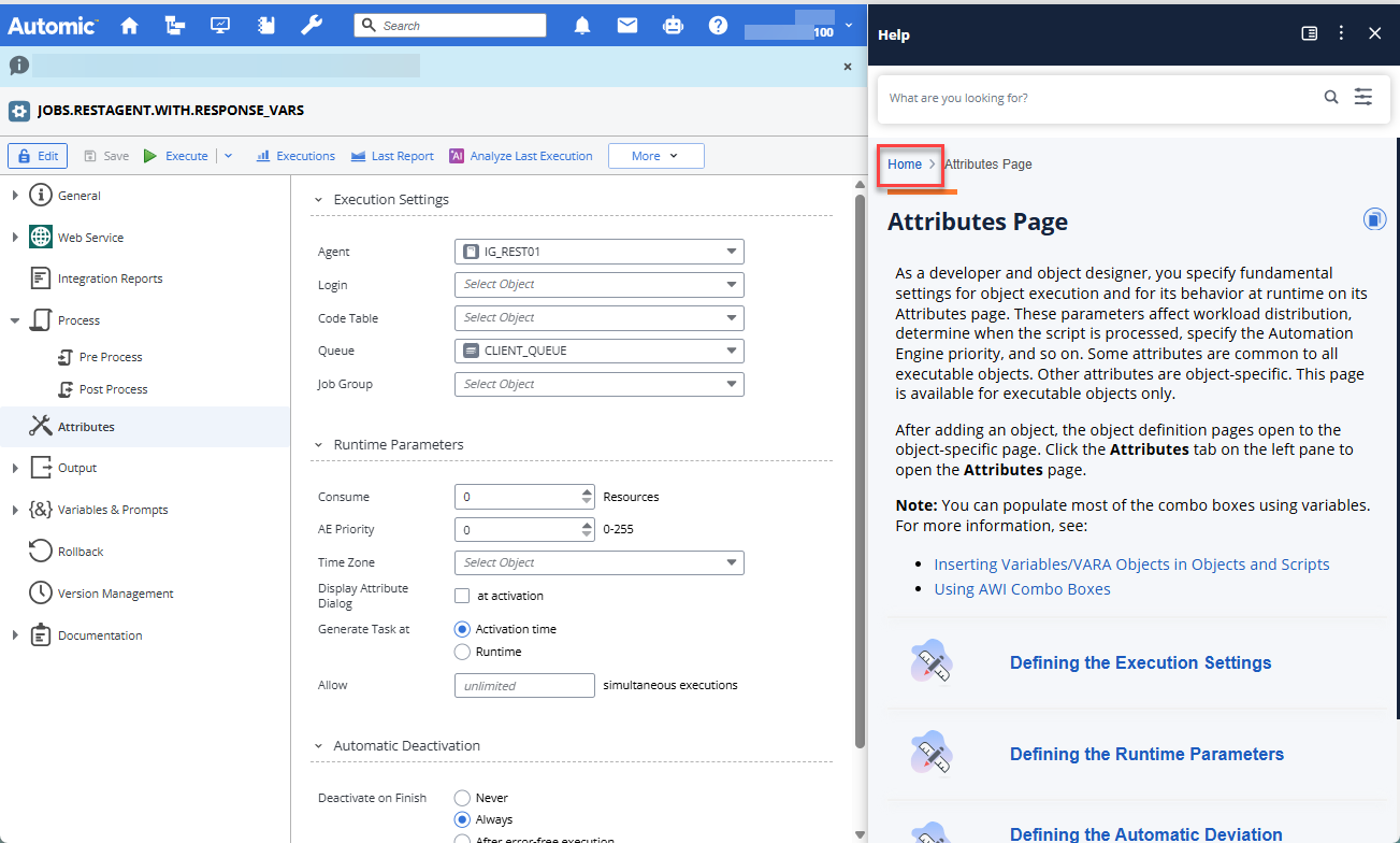 Screenashot showing the panel opened to the Time Zone definition page. On top of the title, the breadcrumbs are available, where HOME is the starting point. The screenshot highlights Home.