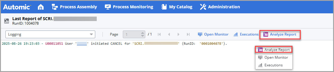 Screenshot of a report where the Analyze Report available in the report tool bar and the Analyze Report option in the context menu are highlighted.