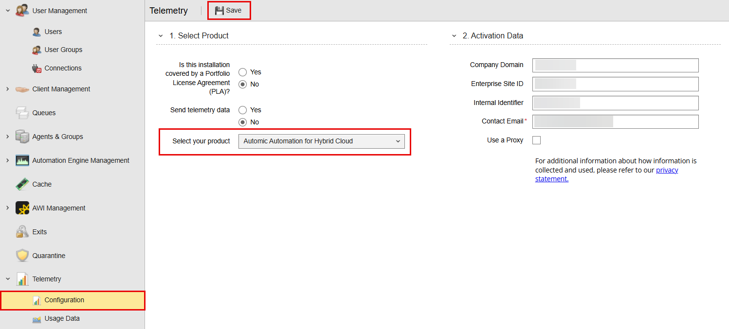 Telemetry configuration with focus on the location of the page in the UI, the product selection and the saving button so that you can access your usage data.