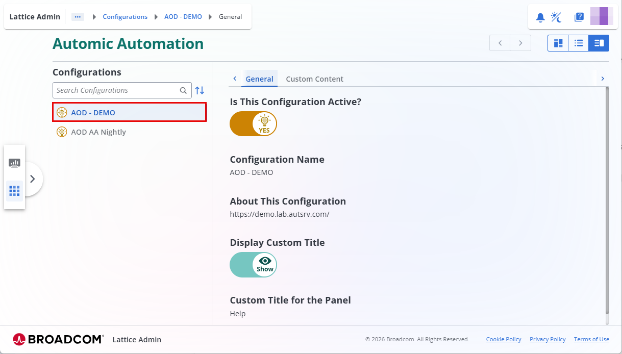 Lattice Admin showing the Automic Automation configuration AOD - DEMO with the General tab open.