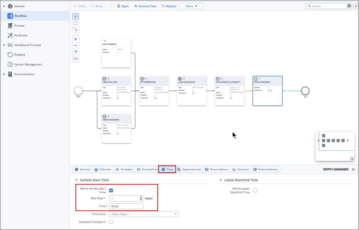 Screenshot of the Workflow where the second to last task is selected and the properties pane is displayed to the Time tab, where the earliest start time is defined to be Real Dat + 1 day and the time 9:00.