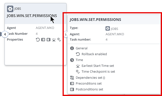 Screenshot of a task and its tooltip, where the same information as in the task box is displayed but in written form and not only as icons.