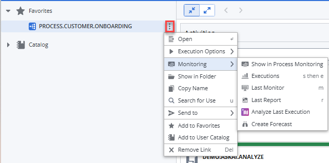 The image shows an example of an object, specifically a task, within the My Catalog perspective, which is a personal dashboard for operators. The object type is indicated by a symbol, and the title of the object, "Task for new customer onboarding," describes the process. The name of the object, "PROCESS_CUSTOMER_ONBOARDING," is always displayed. When hovering the mouse over the task, an "Execute" button appears, allowing the user to run the object. The My Catalog perspective provides direct access to folders and objects that users are authorized to work with, enabling them to execute objects, open them in read-only mode, access execution data, and open the last report.