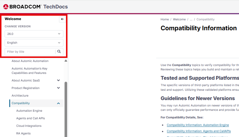 Screenshot of the upper part of the left panel in the documentation on the techdocs site, where drop down lists are available that let you: Select a version, Select a language, filter the content of the table of contents by entering a word