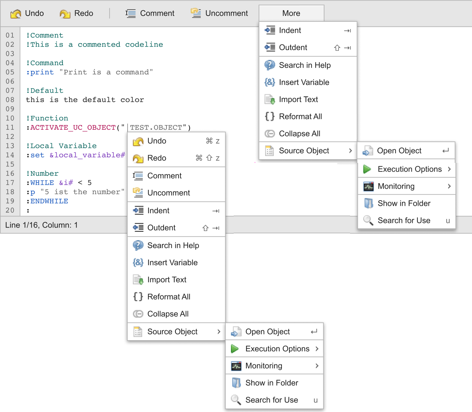 Screenshot of the script editor where the contest menus available from the More button and by right-clicking on a script are displayed.