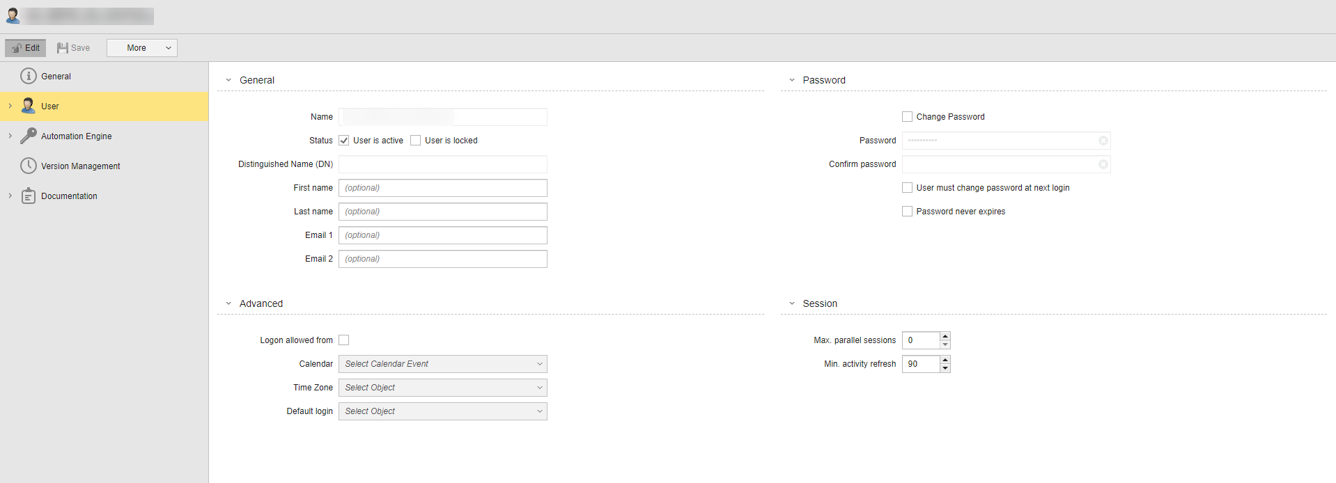 Screenshot of the User definition page where the Advanced section still contained the "Logon allowed from" and "Calendar" fields.