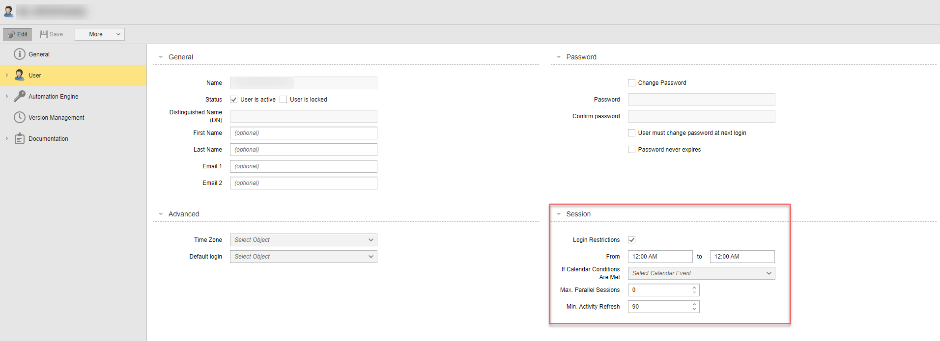 Screenshot of the User definition page where the login restrictions fields are now available in the Session section. These fields are "Login Restrictions from to", "If Calendar Conditions Are Met", "Max. parallel sessions" and "Min. Activity Refresh".