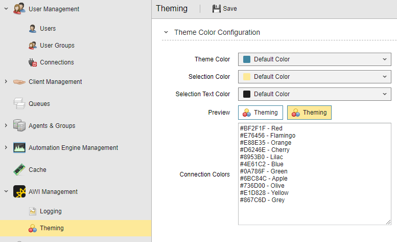 Screenshot showing the Theme Color Configuration section on the AWI Management - Theming page, where the following new options are visible: Selection Color, Selection Text Color