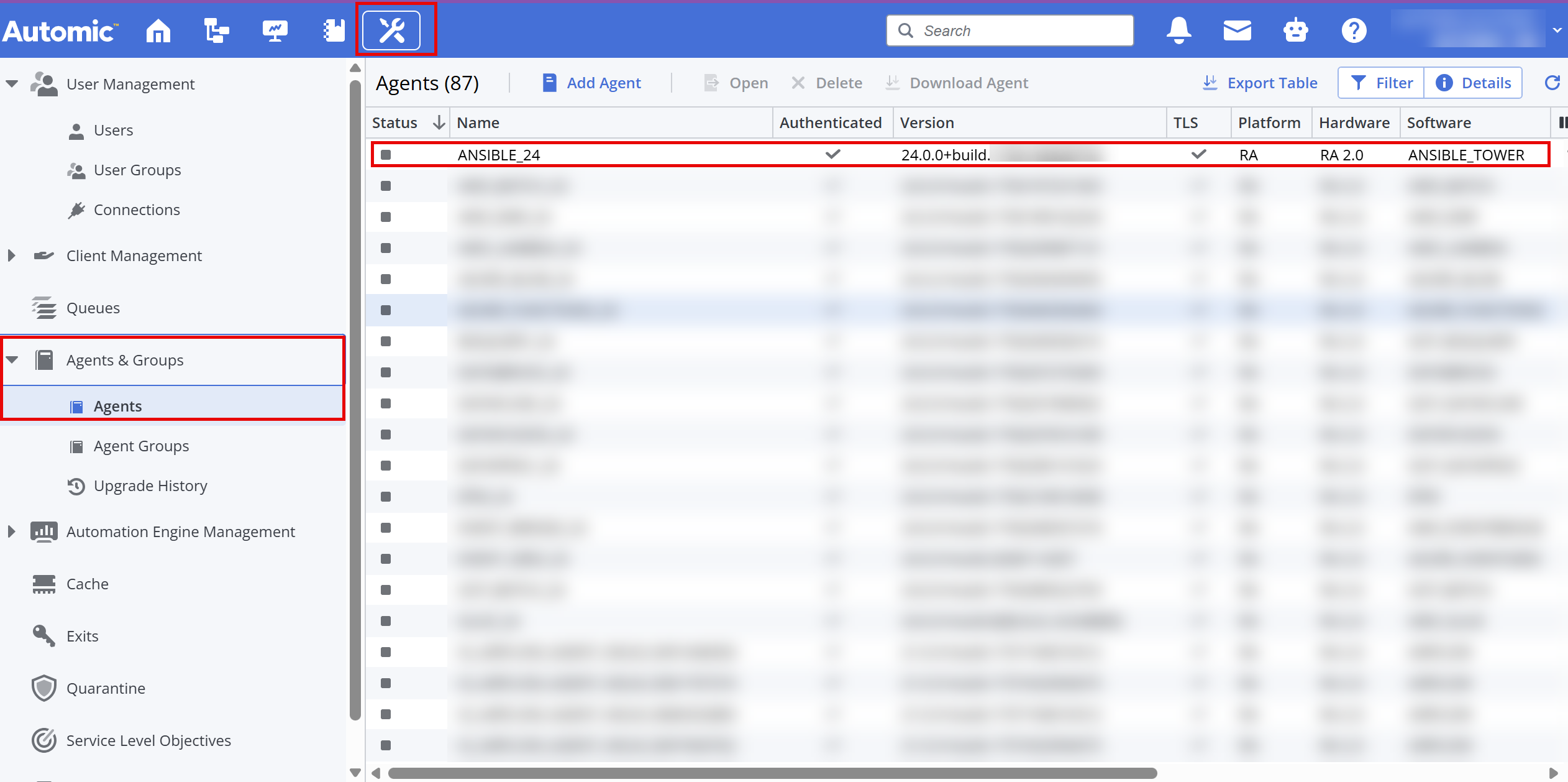 Screenshot of the Administration perspective showing the Agent list, where the newly installed AnsibleTower Agent is highlighted.