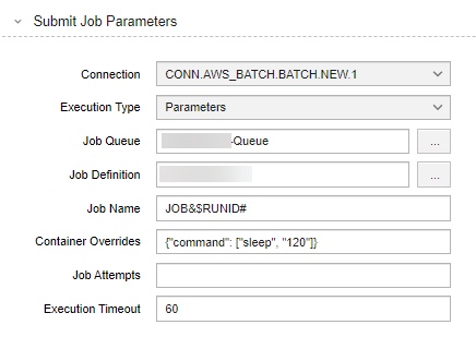 Example of how to use the Container Overrides field to change the Execution Timeout from 60 to 120 seconds.