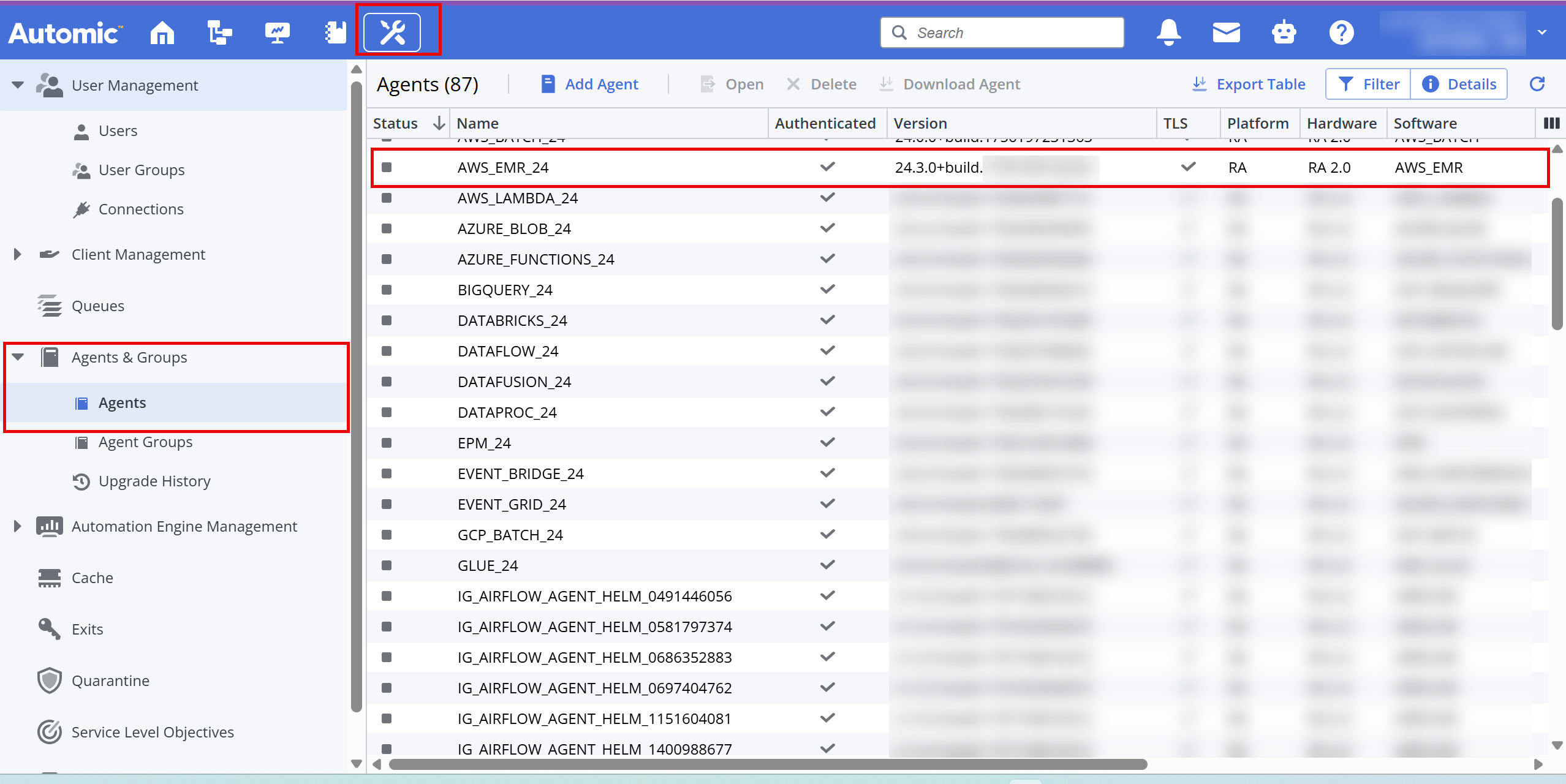 Screenshot of the Administration perspective showing the Agent list, where the newly installed Agent is highlighted.