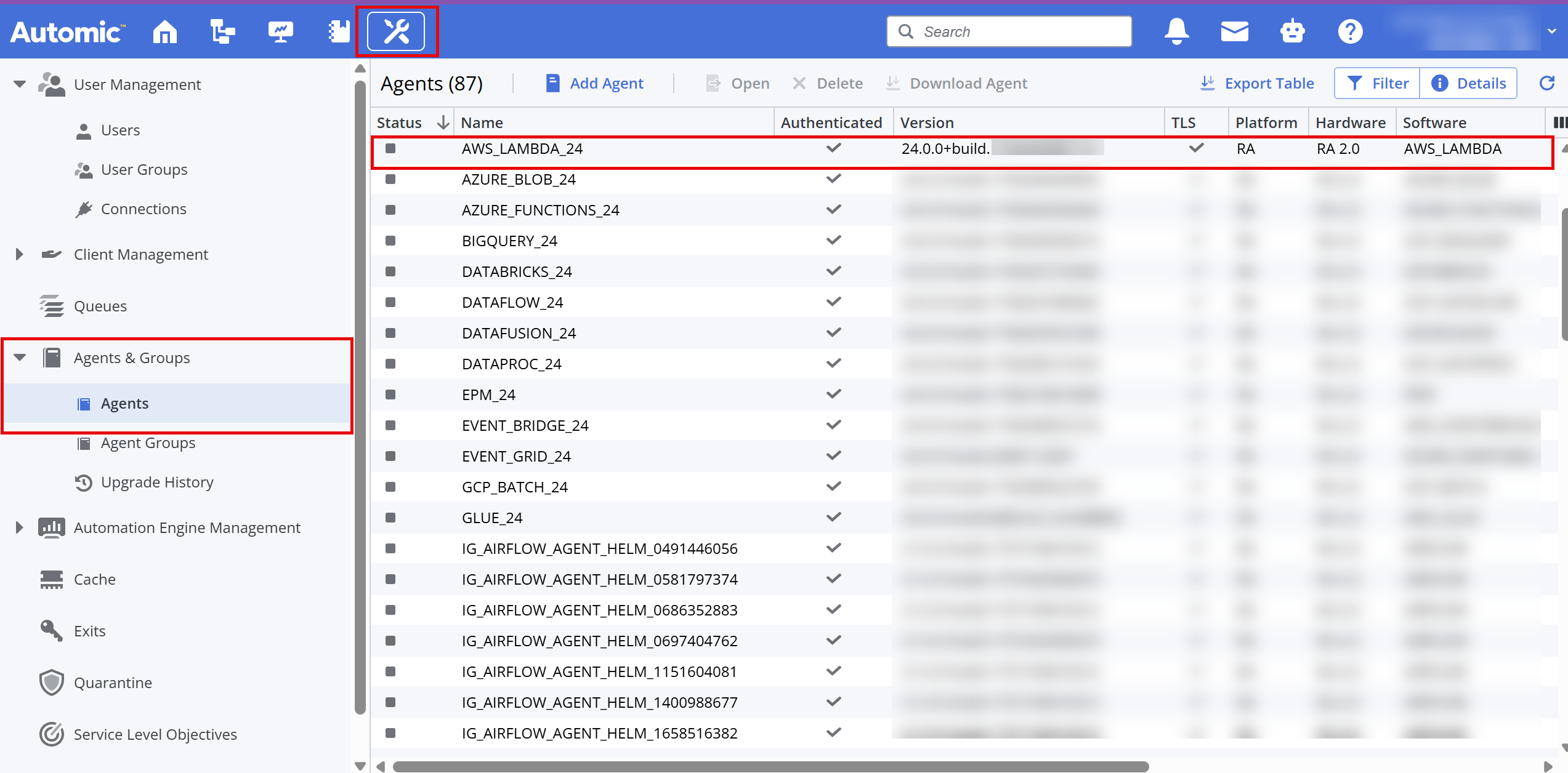 Screenshot of the Automic Administration Perspective, Agents page, showing an installed v24 AWS Lambda agent.