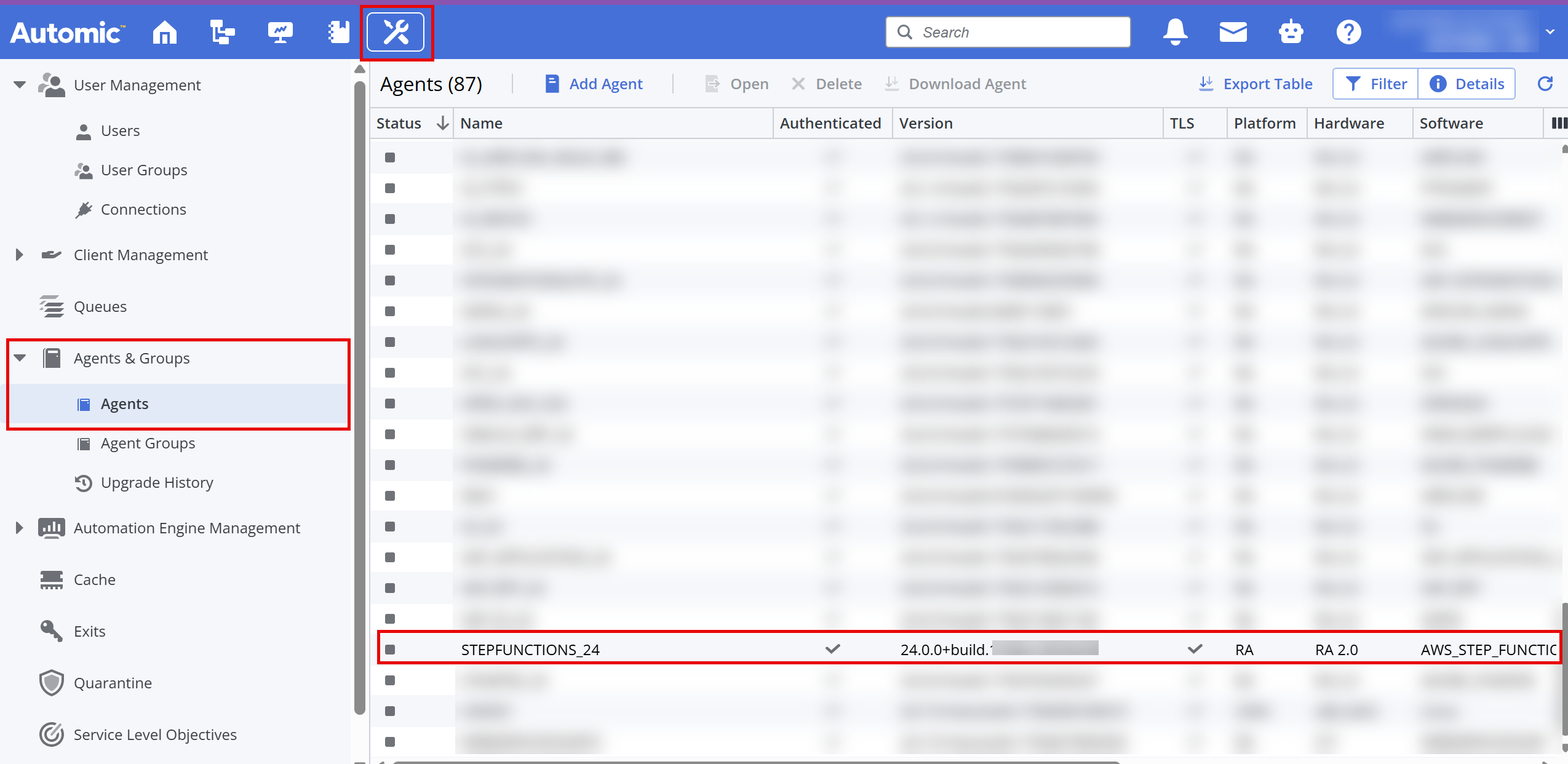 Screenshot of the Administration perspective showing the Agent list, where the newly installed Agent is highlighted.
