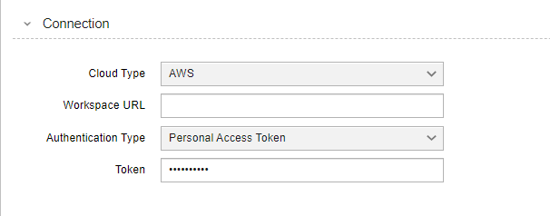 Screenshot showing a Connection object where AWS is selected as the Cloud Type. Screenshot showing a Connection object where AWS is selected as the Cloud Type.