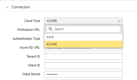 Screenshot showing a Connection object where Azure is selected as the Cloud Type. Screenshot showing the Databricks Connection object's connection parameters, with the Azure Cloud type specifically highlighted.
