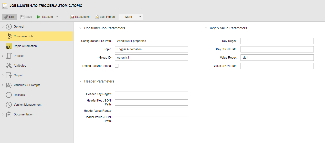 Screenshot of the Consumer Job definition pagewhere the Configuration File Path, Topic , Group ID and Value Regex fileds are populated.