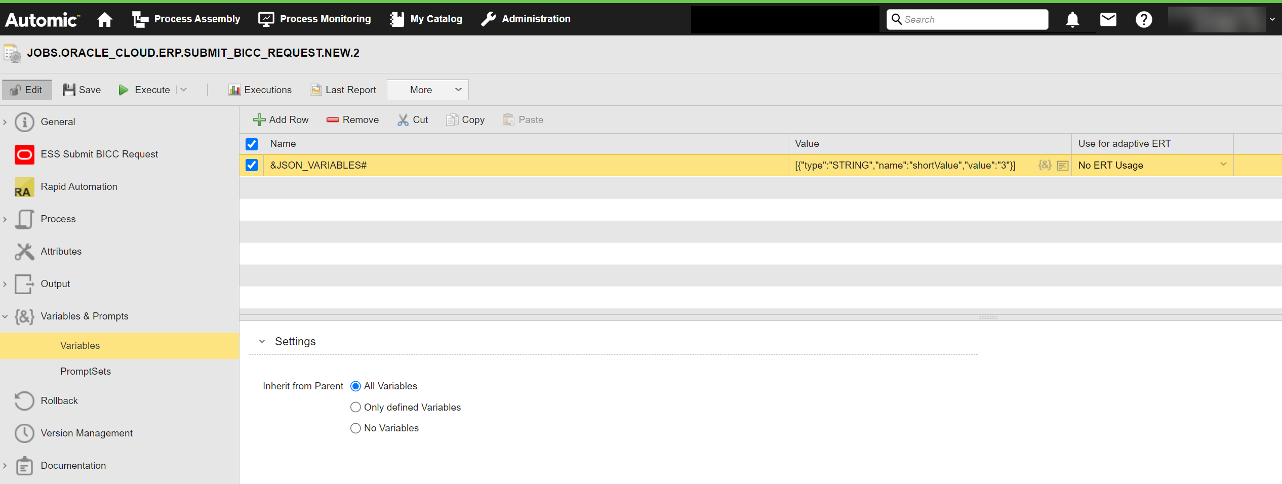 Screenshot showing an Oracle Submit BICC Request job's Variables page where the variable name &JSON_VARIABLES# is defined.