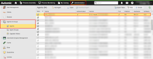 Screenshot of the Administration perspective showing the Agent list, where the newly installed Agent is highlighted.