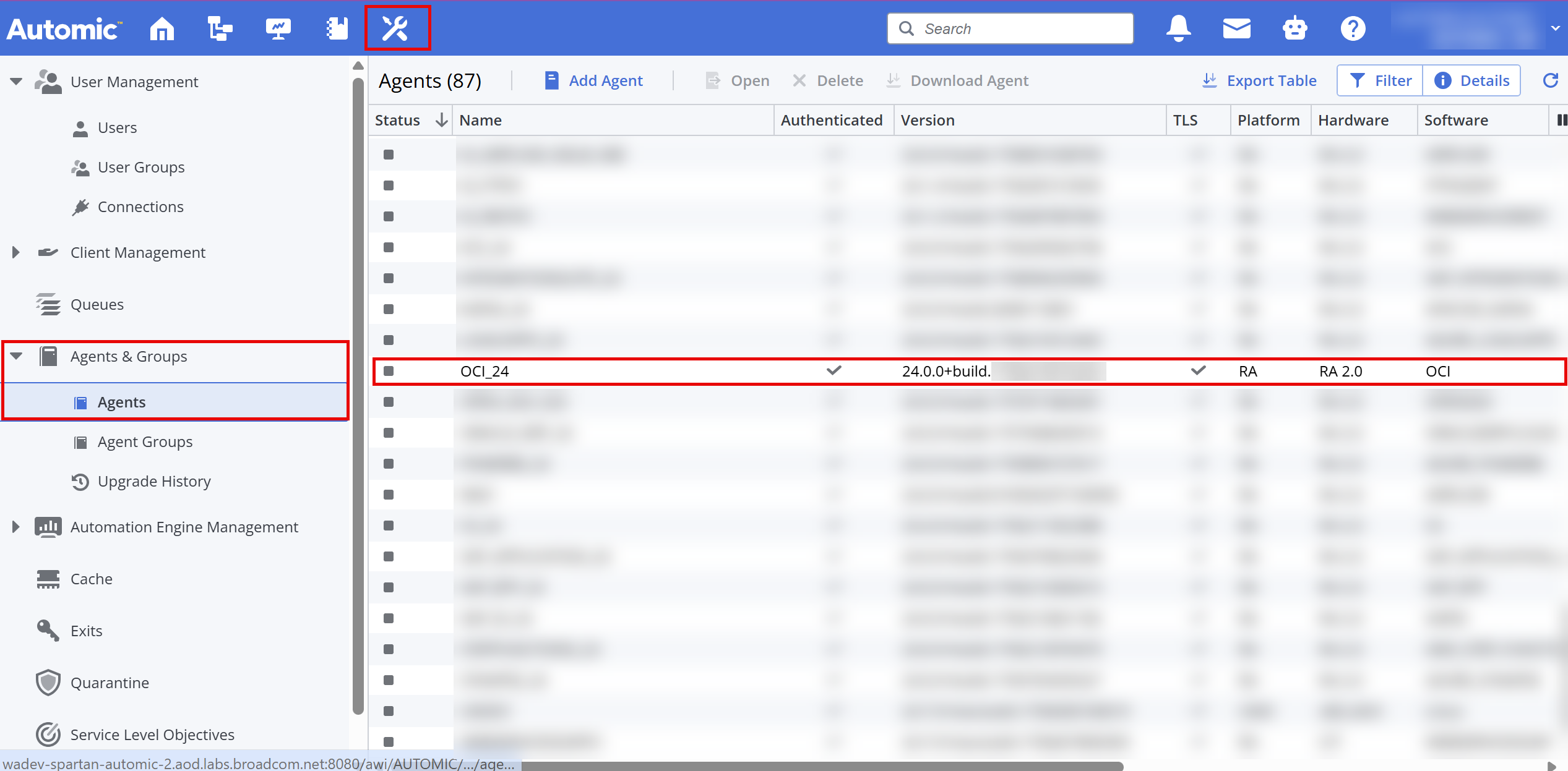 Screenshot of the Administration perspective showing the Agent list, where the newly installed Agent is highlighted.