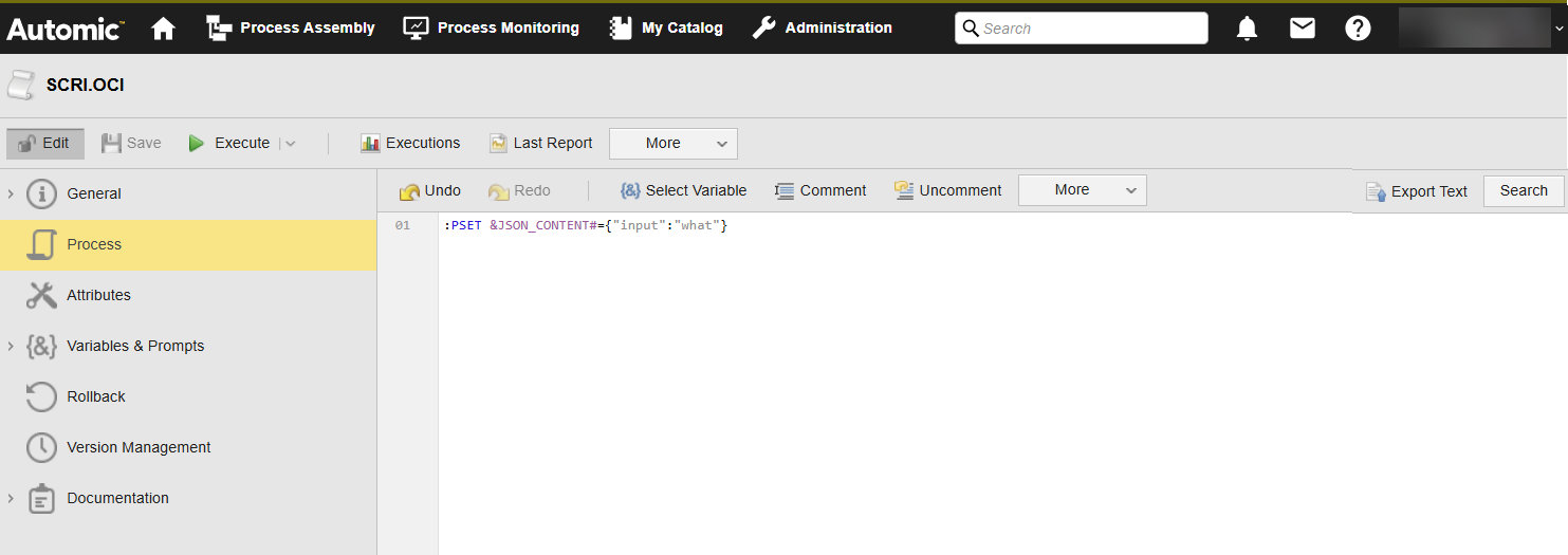 Screenshot showing a Script object’s Process page that sets the variable definitions relevant for &JSON_CONTENT#.