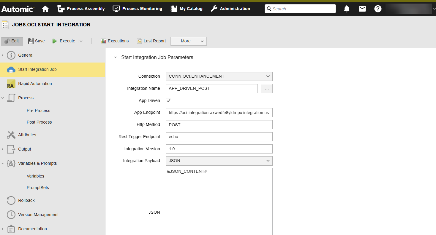 Screenshot showing an OCI Start Integration job's page where the variable name &JSON_CONTENT# is used in the JSON field.