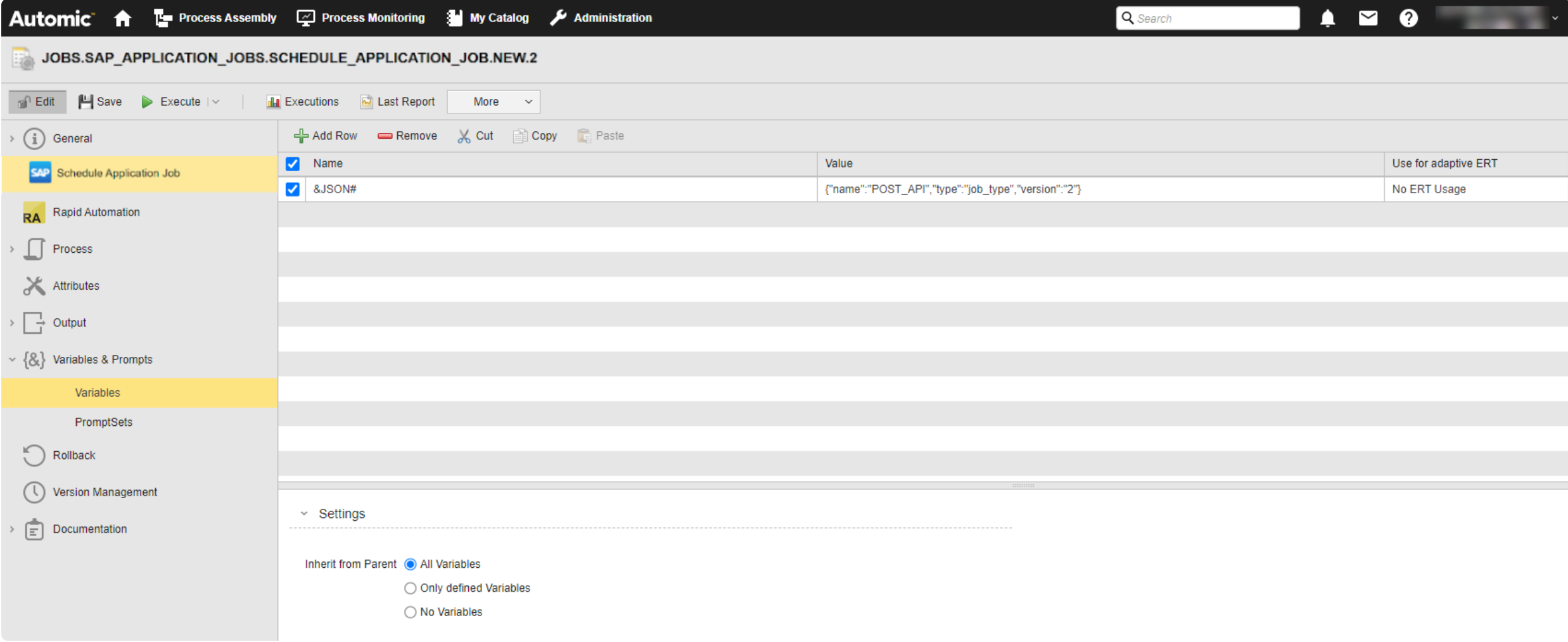 Screenshot shown the &JSON# variable definition on the Variables pane of a SAP Schedule Application Job